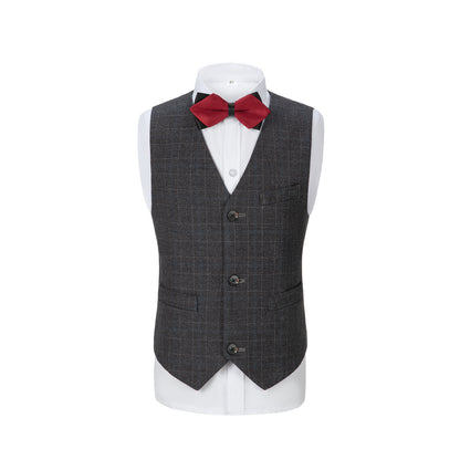 Black Plaid 3 Piece Boys Suits Blazer Vest and Pants Yuanlu