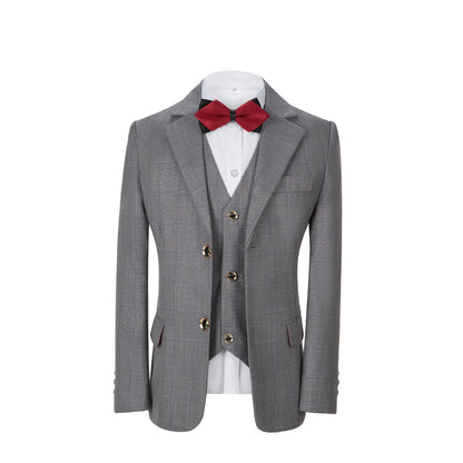 Light Grey Plaid 3 Piece Boys Suits Blazer Vest and Pants Yuanlu