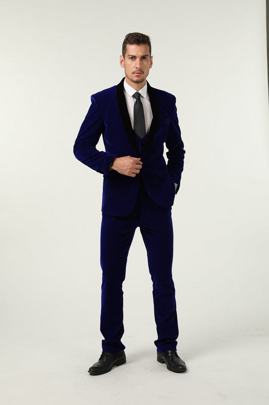 Royal Blue Velvet 3 Piece Men's Formal Suits With Jacket Vest Pants Yuanlu