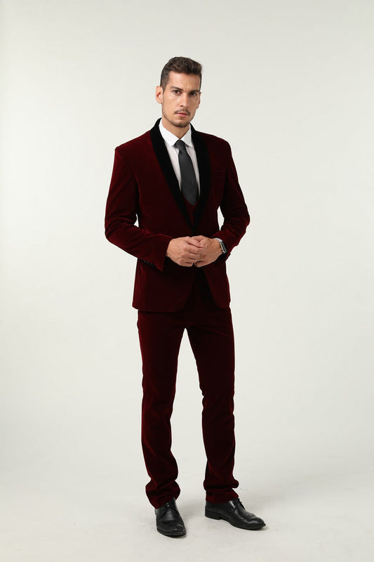 Burgundy Velvet 3 Piece Men's Formal Suits Yuanlu