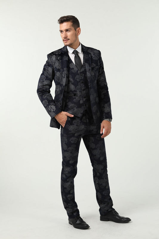 New Arrival Unique Party Banquet 3 Piece Navy Patterned Men Suits Yuanlu