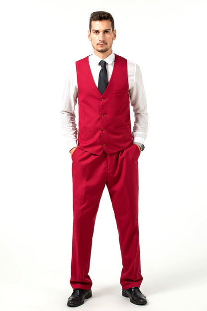 Red Men's Suits 2 Pieces Vest+Pants Set V-Neck Slim Fit Casual Waistcoat Suit Yuanlu