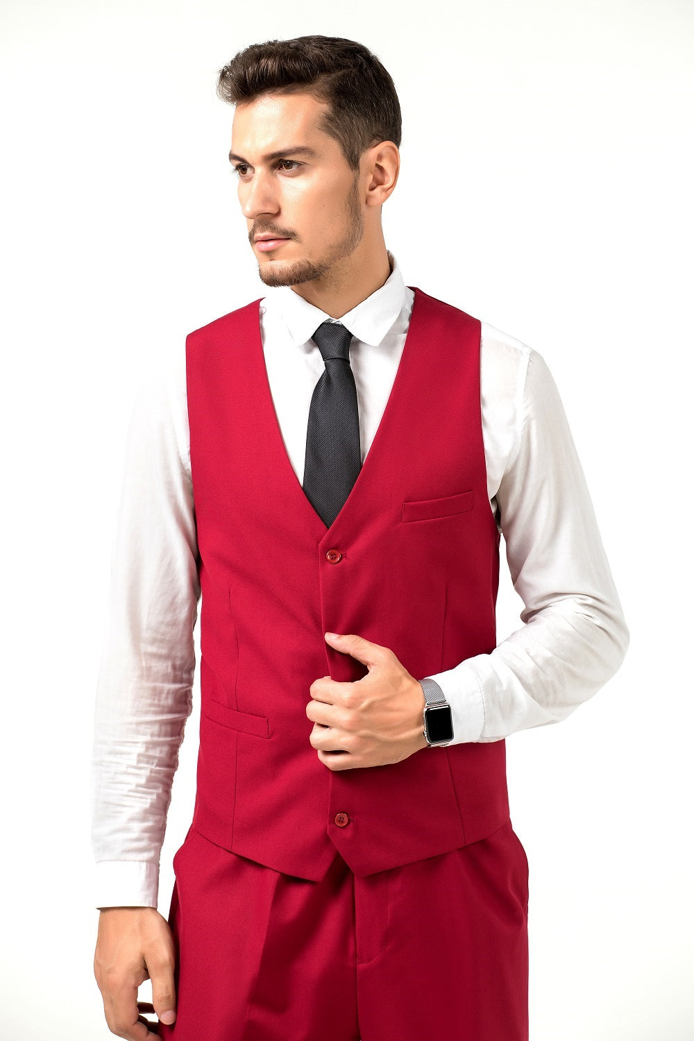 Red Men's Suits 2 Pieces Vest+Pants Set V-Neck Slim Fit Casual Waistcoat Suit Yuanlu