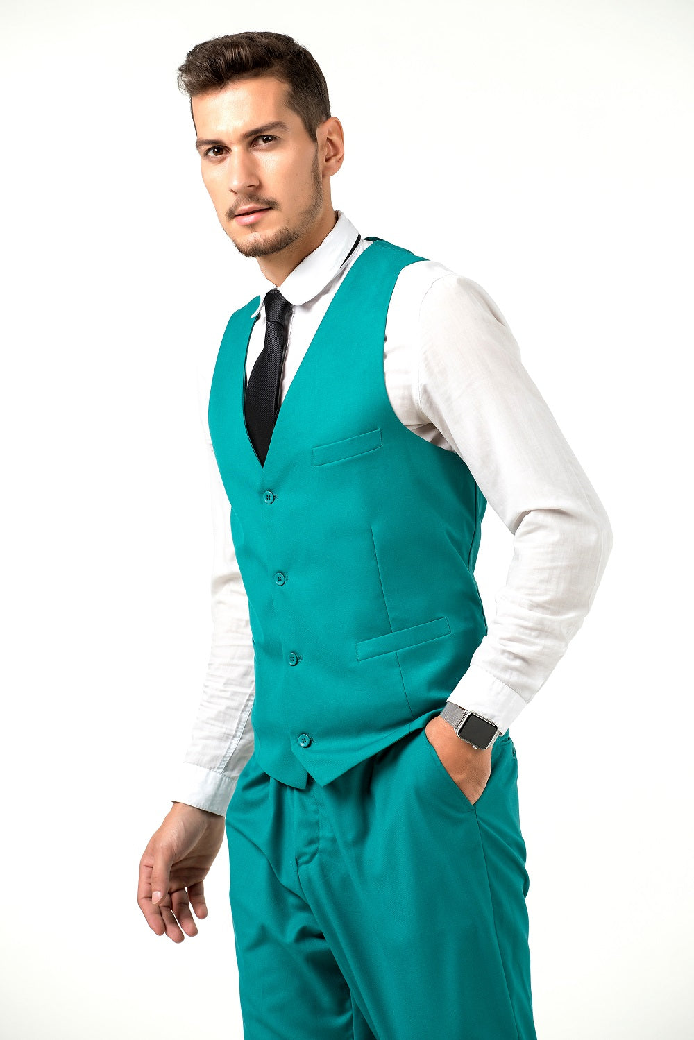 Green Men's Suits 2 Pieces Vest+Pants Set V-Neck Slim Fit Casual Waistcoat Suit Yuanlu