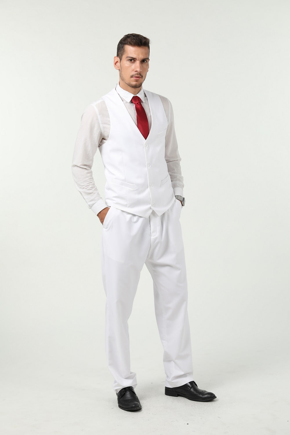 White Men's Suits 2 Pieces Vest+Pants Set V-Neck Slim Fit Casual Waistcoat Suit Yuanlu