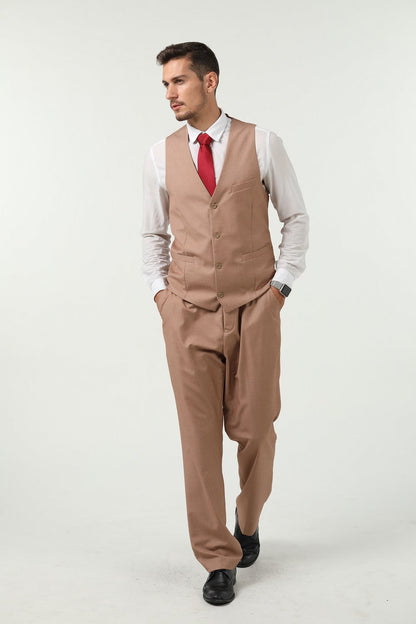 Khaki Men's Suits 2 Pieces Vest+Pants Set V-Neck Slim Fit Casual Waistcoat Suit Yuanlu