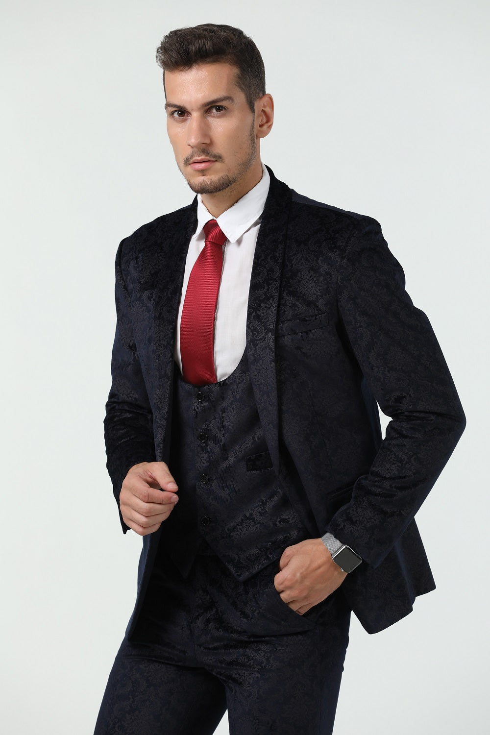 New Arrival Unique Party Banquet 3 Piece Navy Patterned Men Suits Yuanlu