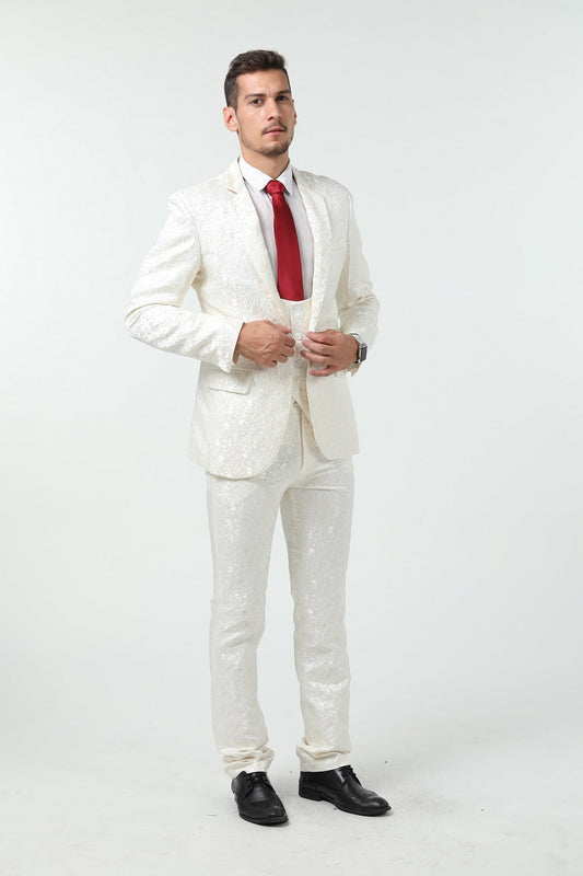 New Arrival Unique Party Banquet 3 Piece White Patterned Men Suits Yuanlu