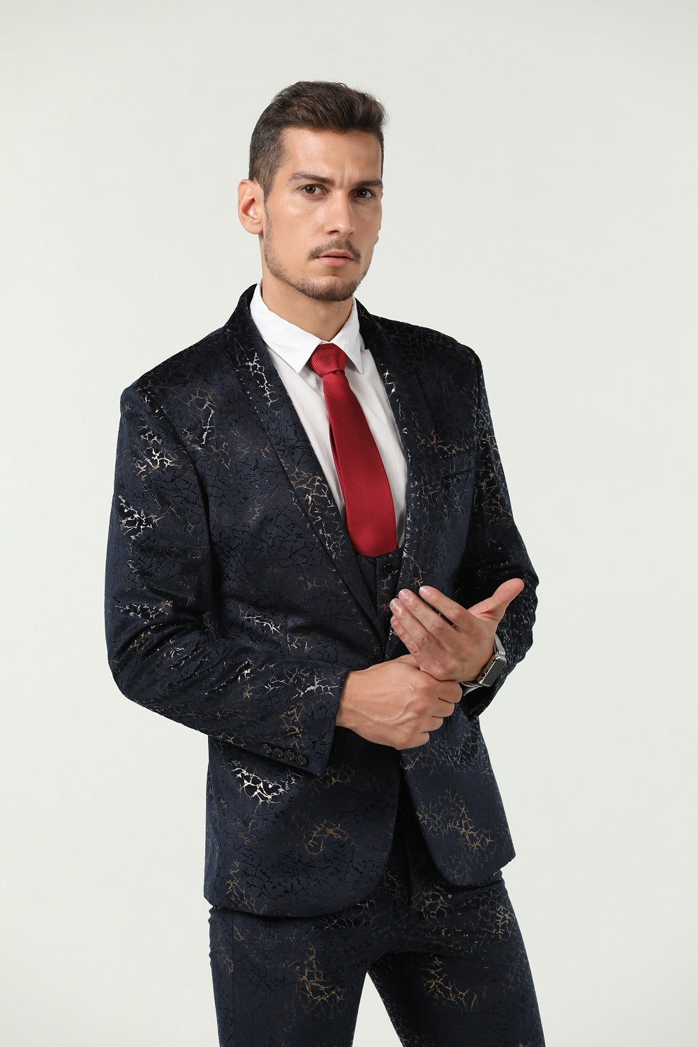 New Arrival Navy Velvet Unique Golden Patterned Party Banquet 3 Piece Men Suits Yuanlu