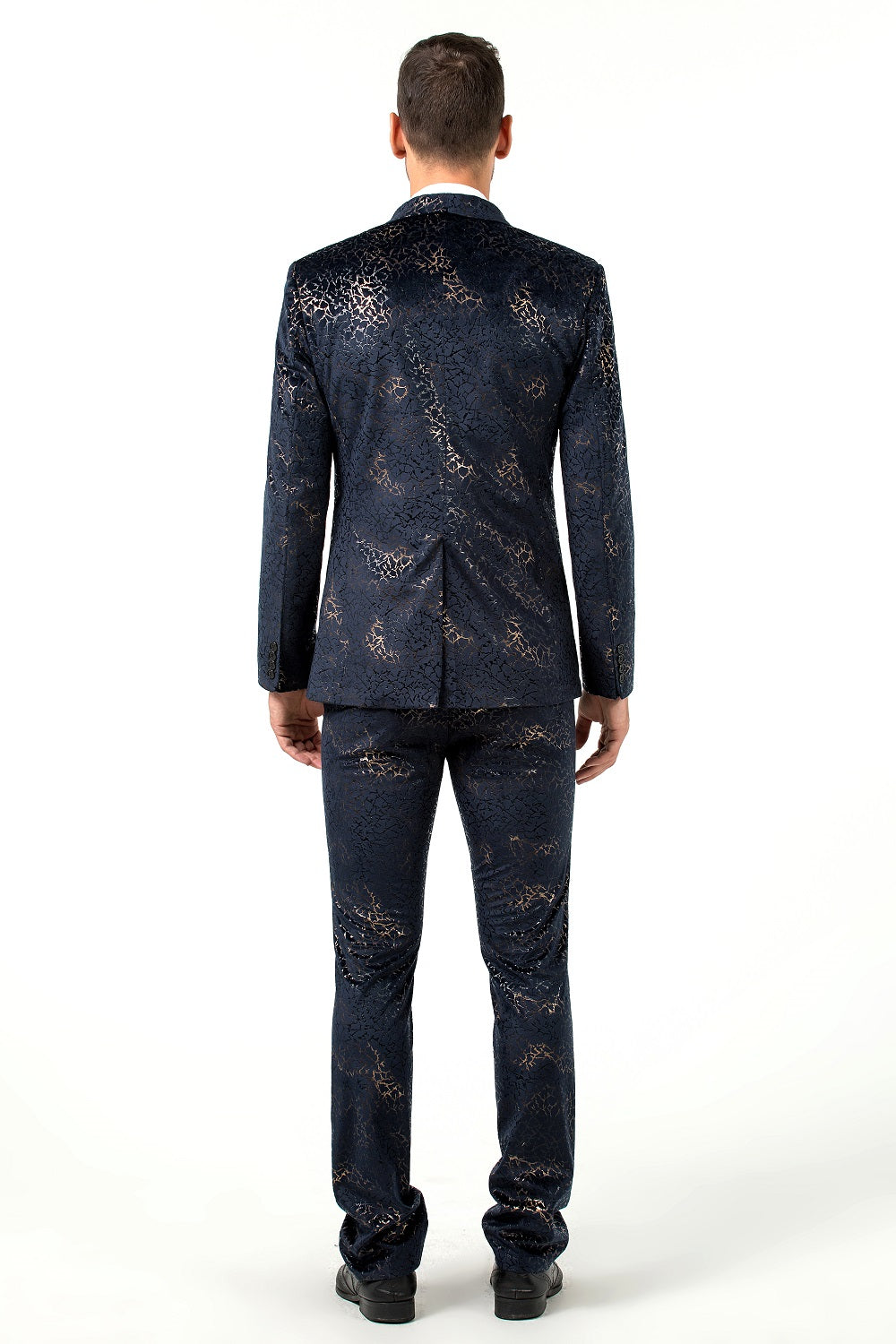 New Arrival Navy Velvet Unique Golden Patterned Party Banquet 3 Piece Men Suits Yuanlu