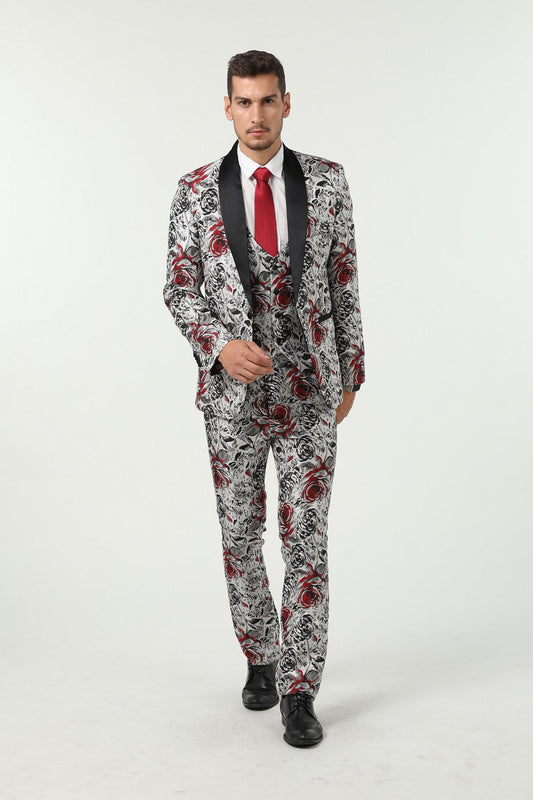 New Arrival White Unique Red Patterned Party Banquet 3 Piece Men Suits Yuanlu