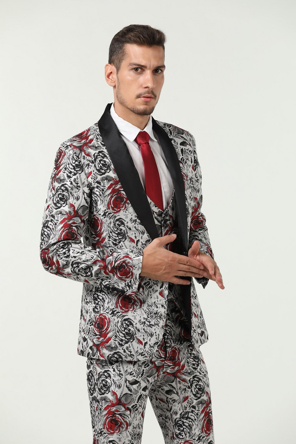 New Arrival White Unique Red Patterned Party Banquet 3 Piece Men Suits Yuanlu