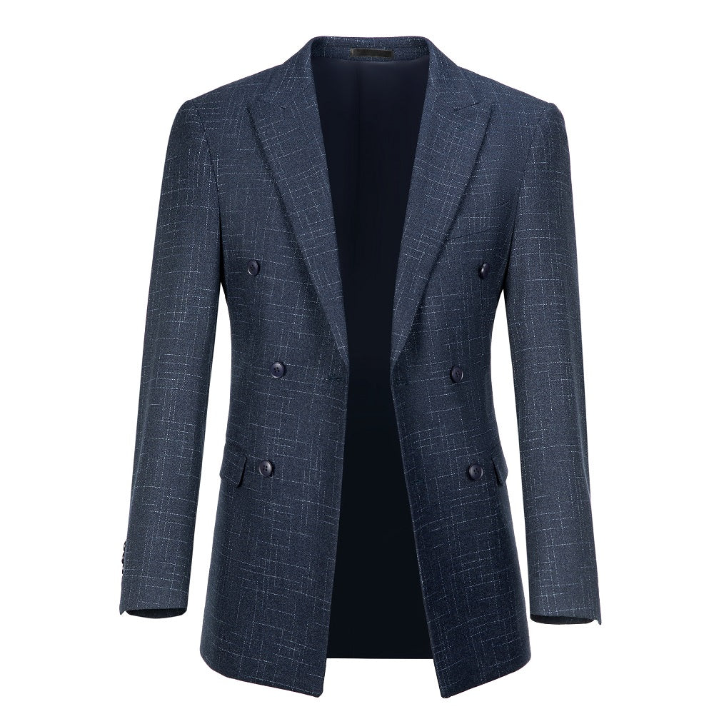 Navy Plaid Men's Double Breasted  Blazer Yuanlu