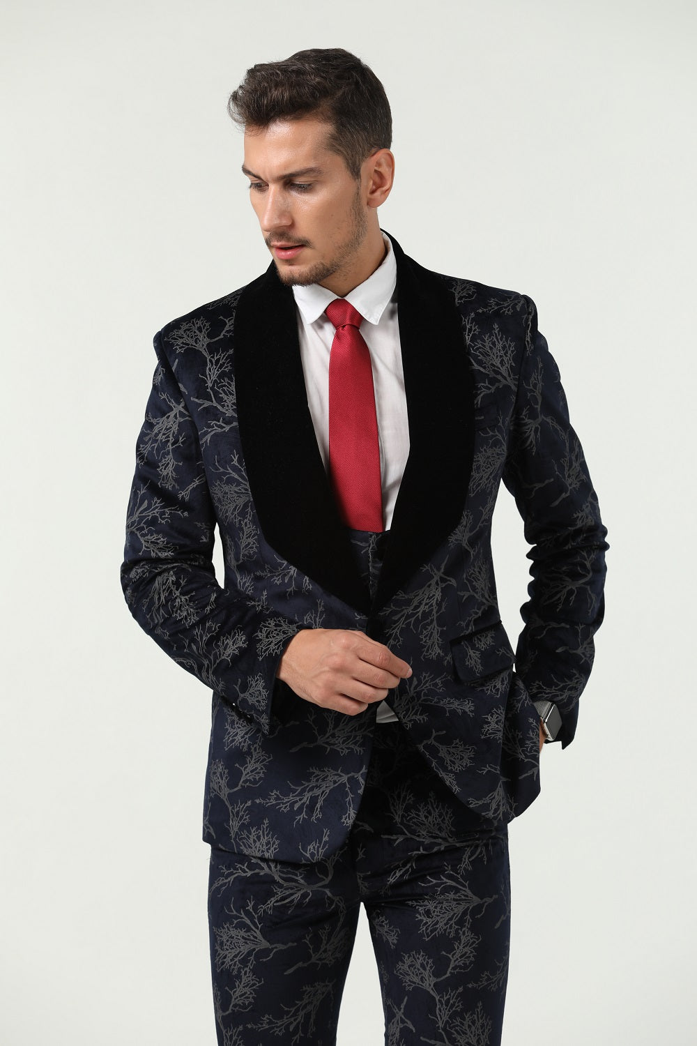 New Arrival Navy Velvet Unique Patterned Party Banquet 3 Piece Men Suits Yuanlu