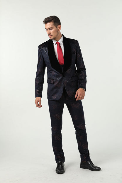 New Arrival Navy Velvet Unique Patterned Party Banquet 3 Piece Men Suits Yuanlu