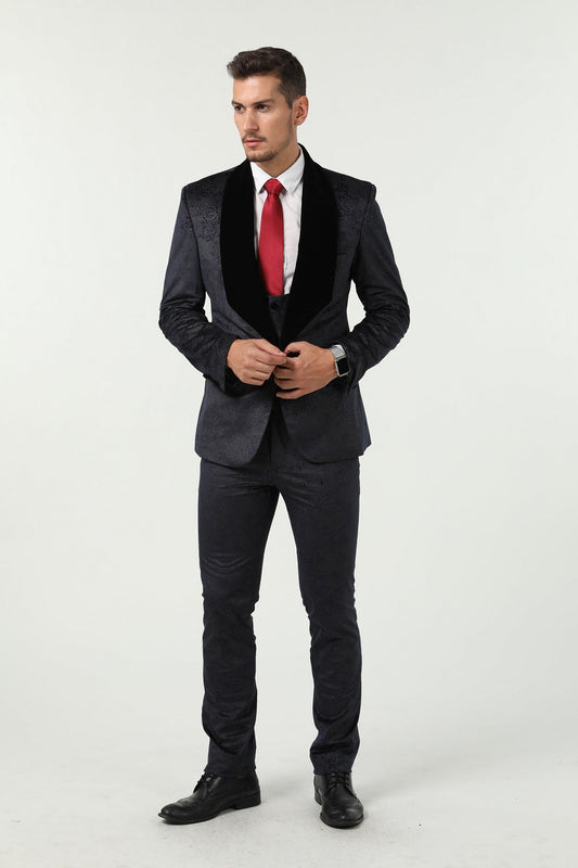 New Arrival Navy Velvet Unique Patterned Party Banquet 3 Piece Men Suits Yuanlu