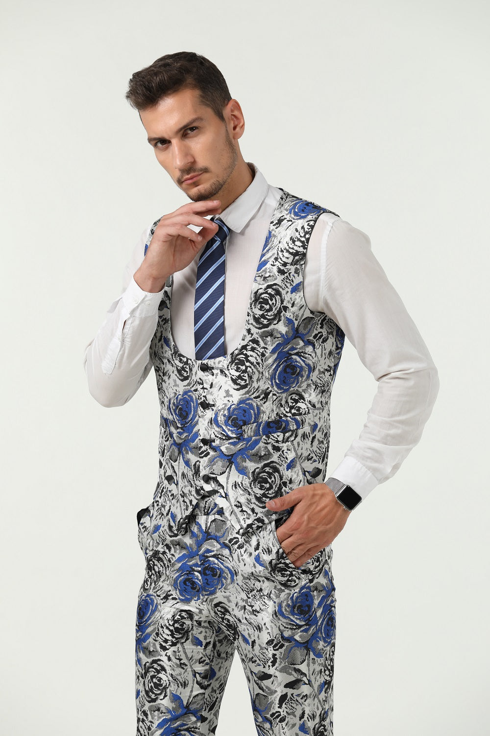 New Arrival White Unique Blue Patterned Party Banquet 3 Piece Men Suits Yuanlu