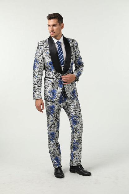 New Arrival White Unique Blue Patterned Party Banquet 3 Piece Men Suits Yuanlu