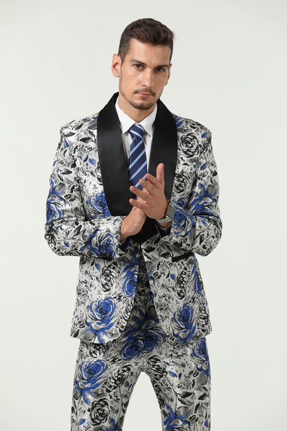 New Arrival White Unique Blue Patterned Party Banquet 3 Piece Men Suits Yuanlu