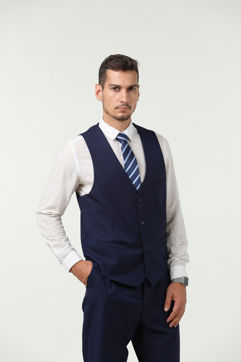 Navy Men's Suits 2 Pieces Vest+Pants Set V-Neck Slim Fit Casual Waistcoat Suit Yuanlu