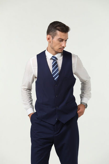 Navy Men's Suits 2 Pieces Vest+Pants Set V-Neck Slim Fit Casual Waistcoat Suit Yuanlu