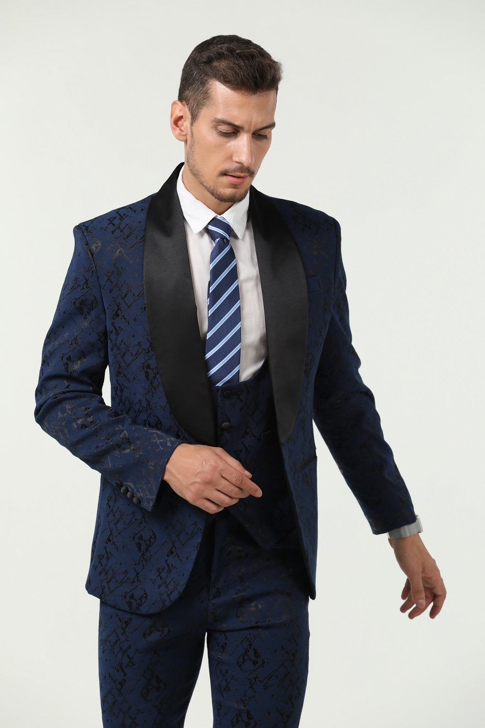 New Arrival Black Unique Navy Patterned Party Banquet 3 Piece Men Suits Yuanlu