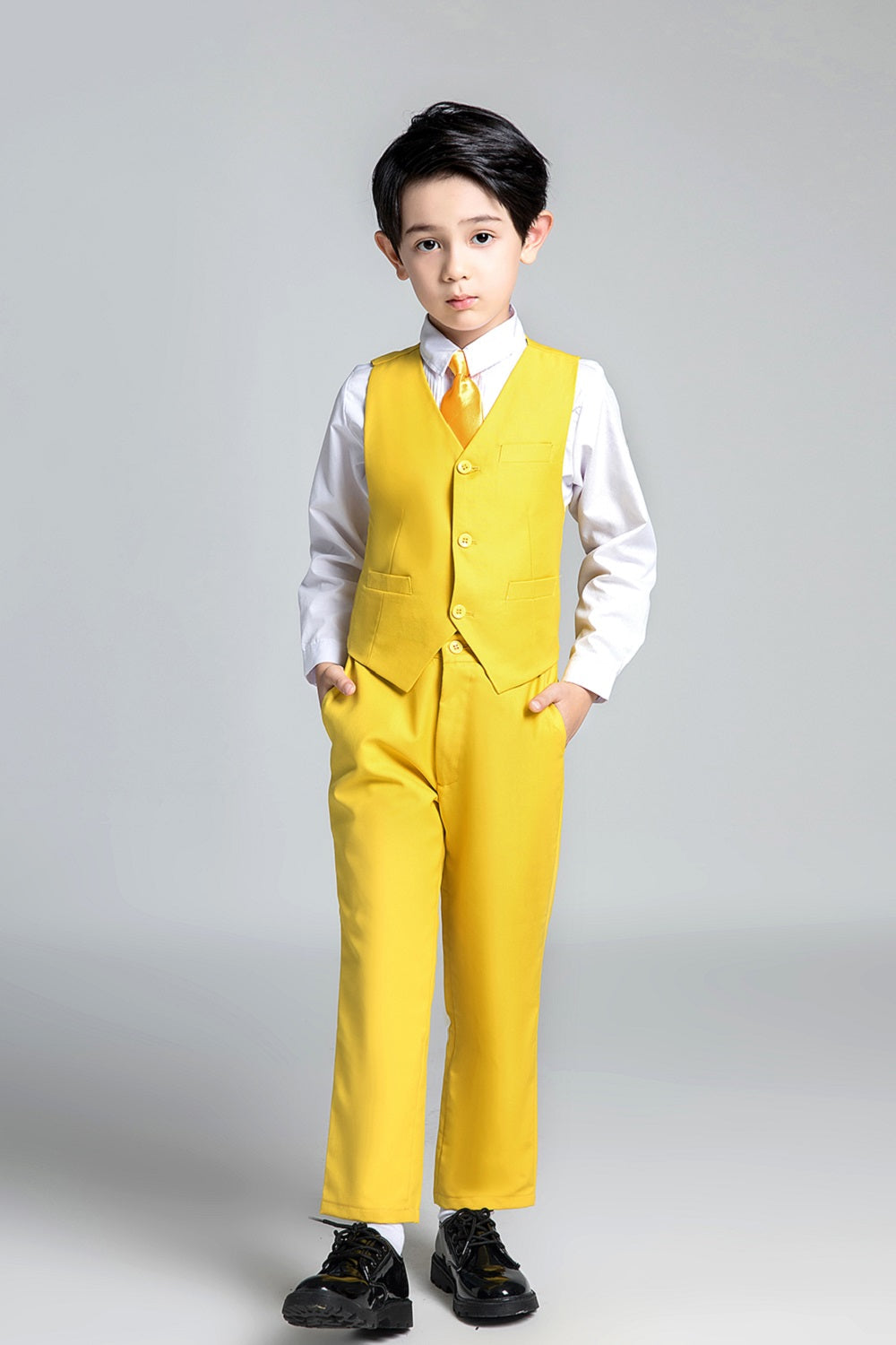 Yellow Classic 4 Piece Boy's Suits With Vest+Pants+Shirt+Tie Yuanlu