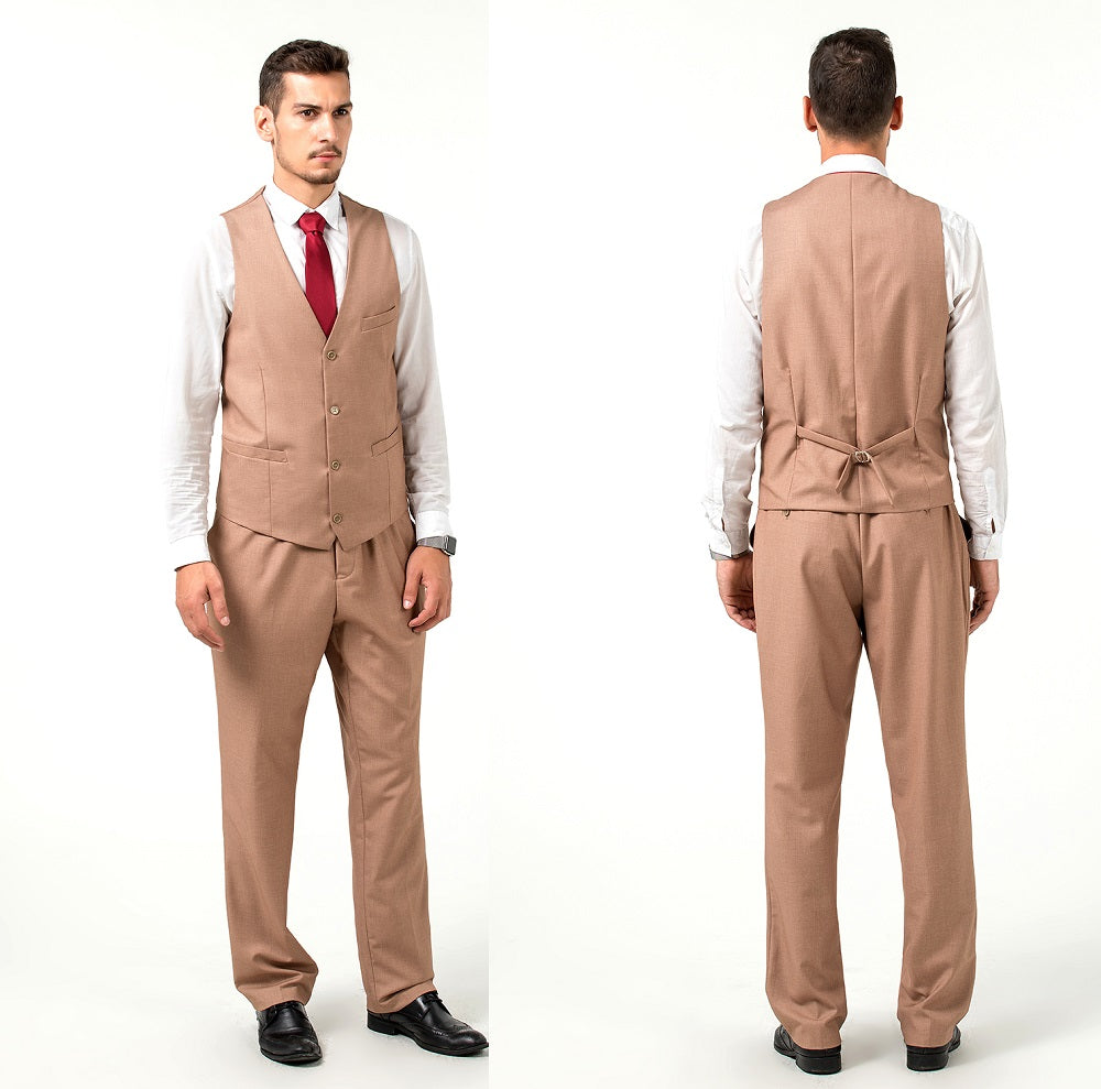 Khaki Men's Suits 2 Pieces Vest+Pants Set V-Neck Slim Fit Casual Waistcoat Suit Yuanlu