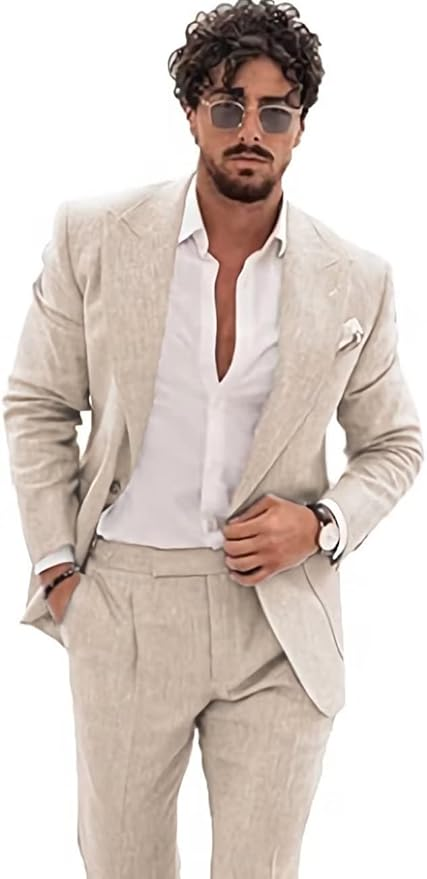 Summer Casual Linen Men's  2 Piece Suit Blazer Pants Set Yuanlu