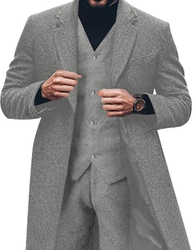 Blazer long à chevrons en tweed rétro 3 pièces pour hommes 3690