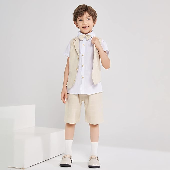 Summer Boys Suit 4Pcs Shirt Vest Shorts Tie Set Yuanlu