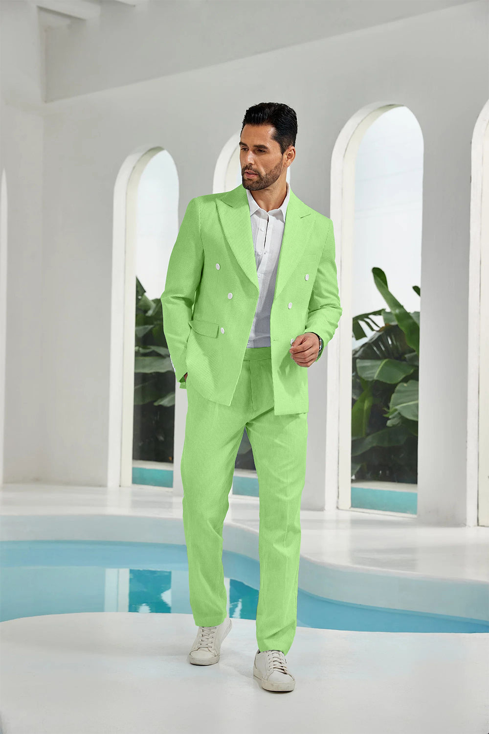 Seersucker Double Breasted Blazer Pants 2 Piece Men's Summer Suit Yuanlu