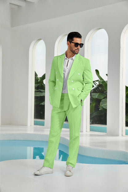 Seersucker Double Breasted Blazer Pants 2 Piece Men's Summer Suit Yuanlu