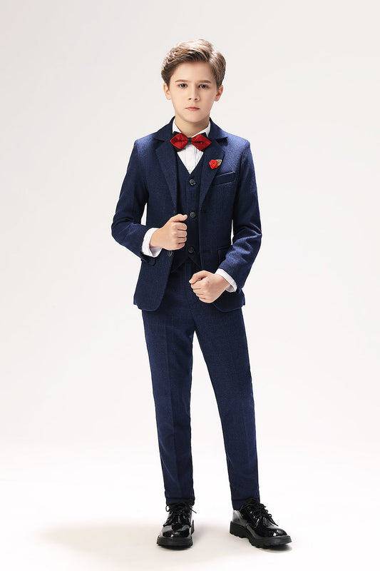 Navy Woolen Elegant 5 Piece Boys Suits Yuanlu