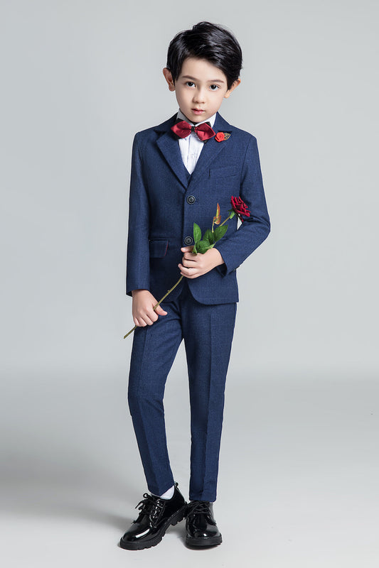 Navy Plaid Elegant 5 Piece Boys Suits Yuanlu