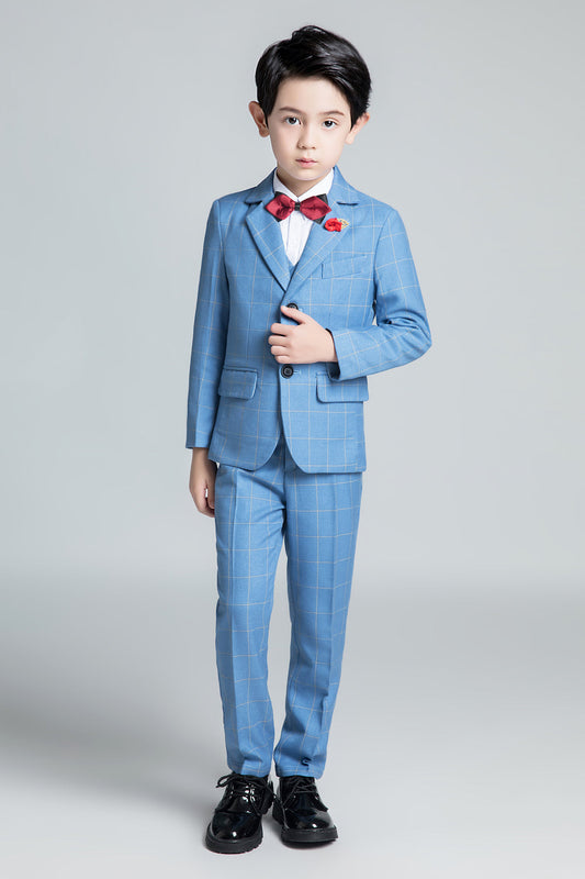 Light Blue Plaid Elegant Formal 5 Piece Boys Suits Yuanlu