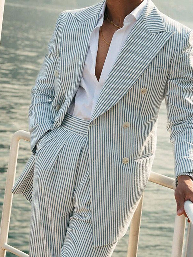 Seersucker Striped Long Blazer Pants 2 Piece Men's Summer Suit Yuanlu