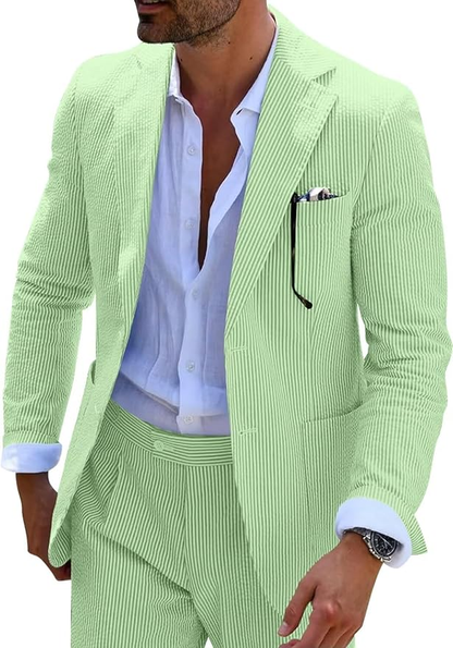 Seersucker Striped Blazer Pants 2 Piece Men's Summer Suit Yuanlu