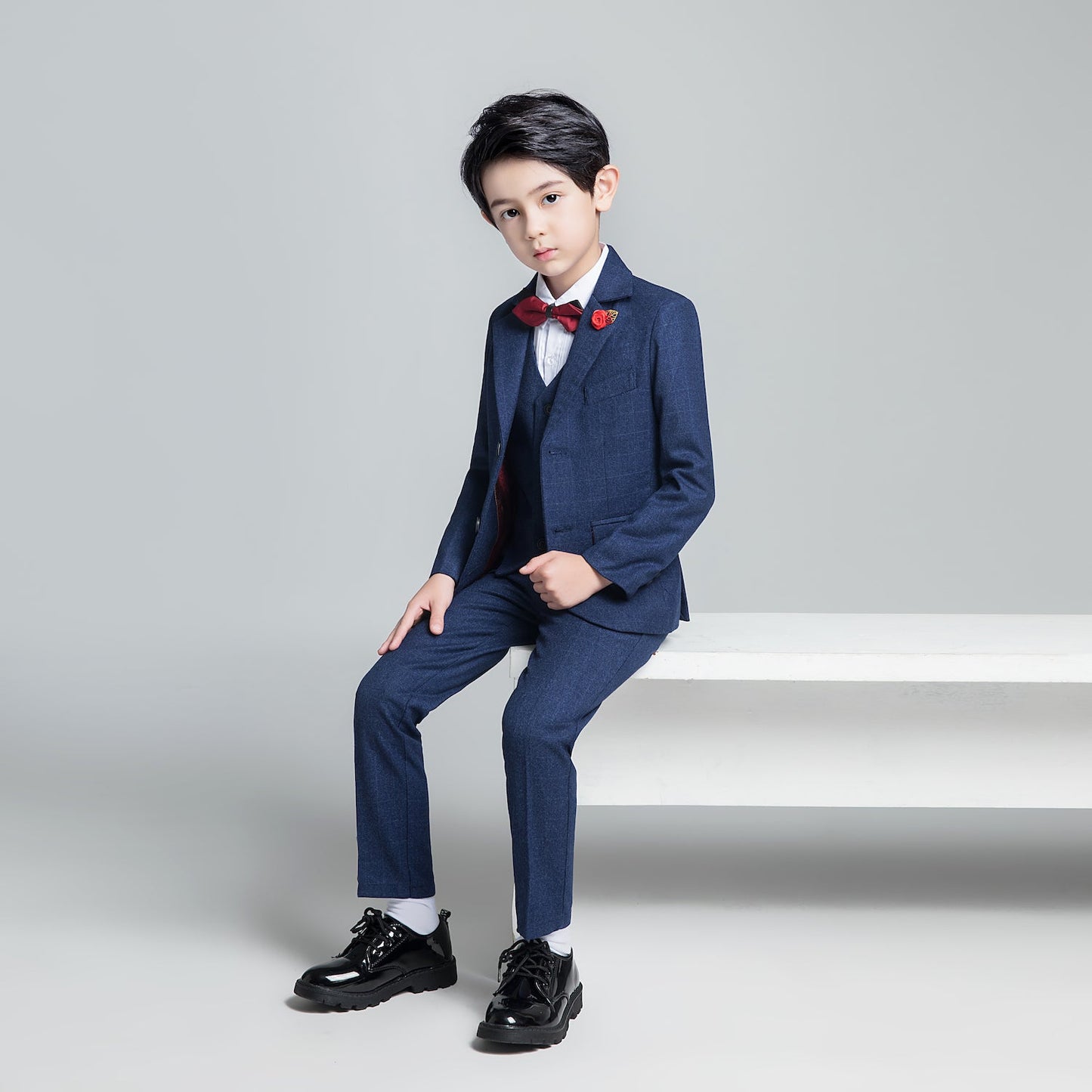 Navy Plaid Elegant 5 Piece Boys Suits Yuanlu