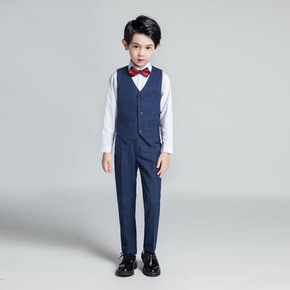 Navy Plaid Elegant 5 Piece Boys Suits Yuanlu