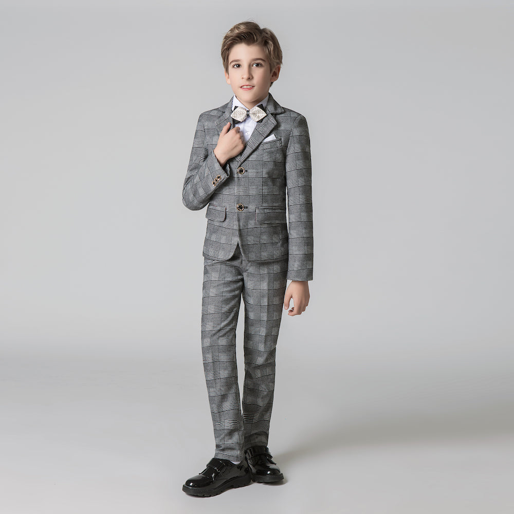 Grey Plaid Elegant Formal 5 Piece Boys Suits Yuanlu