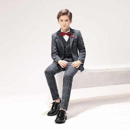 Dark Grey Plaid Elegant 5 Piece Boys Suits Yuanlu