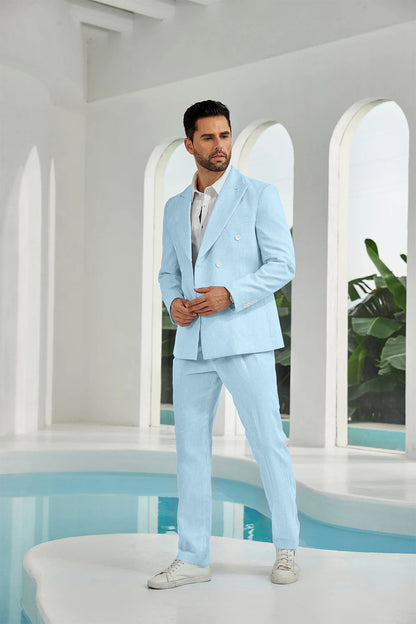 Seersucker Double Breasted Blazer Pants 2 Piece Men's Summer Suit Yuanlu