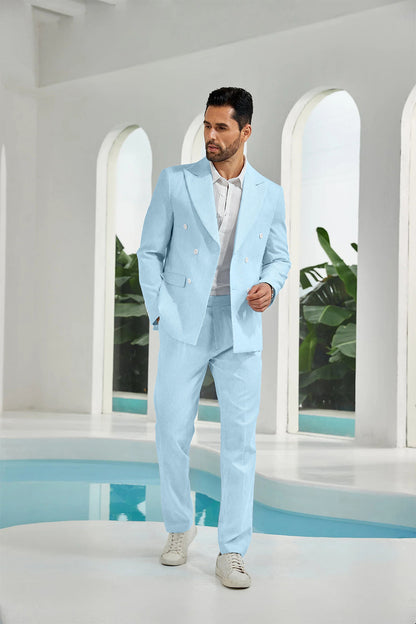 Seersucker Double Breasted Blazer Pants 2 Piece Men's Summer Suit Yuanlu