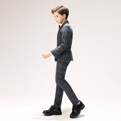 Dark Grey Plaid Elegant 5 Piece Boys Suits Yuanlu