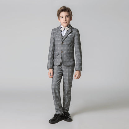 Grey Plaid Elegant Formal 5 Piece Boys Suits Yuanlu