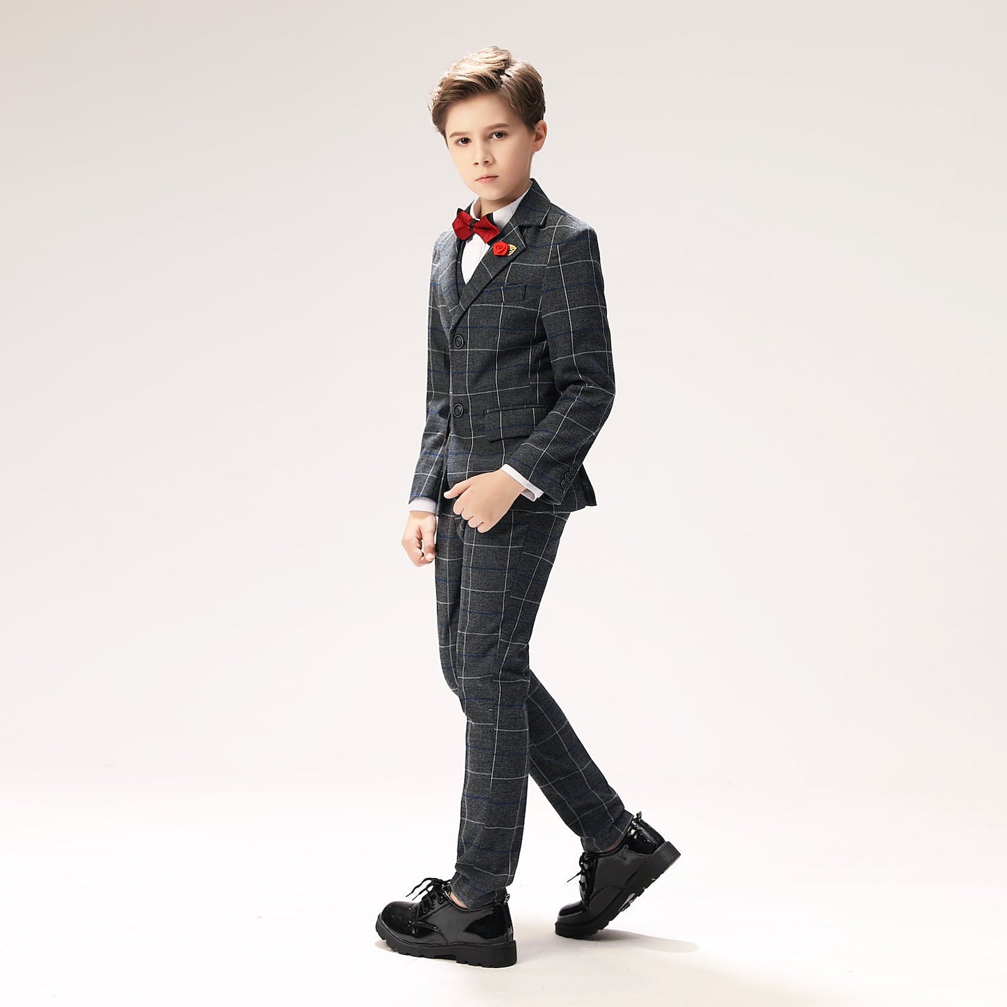 Dark Grey Plaid Elegant 5 Piece Boys Suits Yuanlu