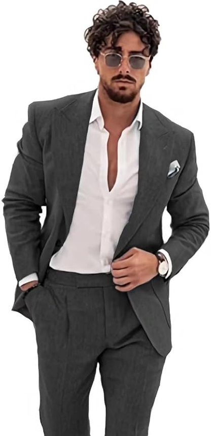 Summer Casual Linen Men's  2 Piece Suit Blazer Pants Set Yuanlu