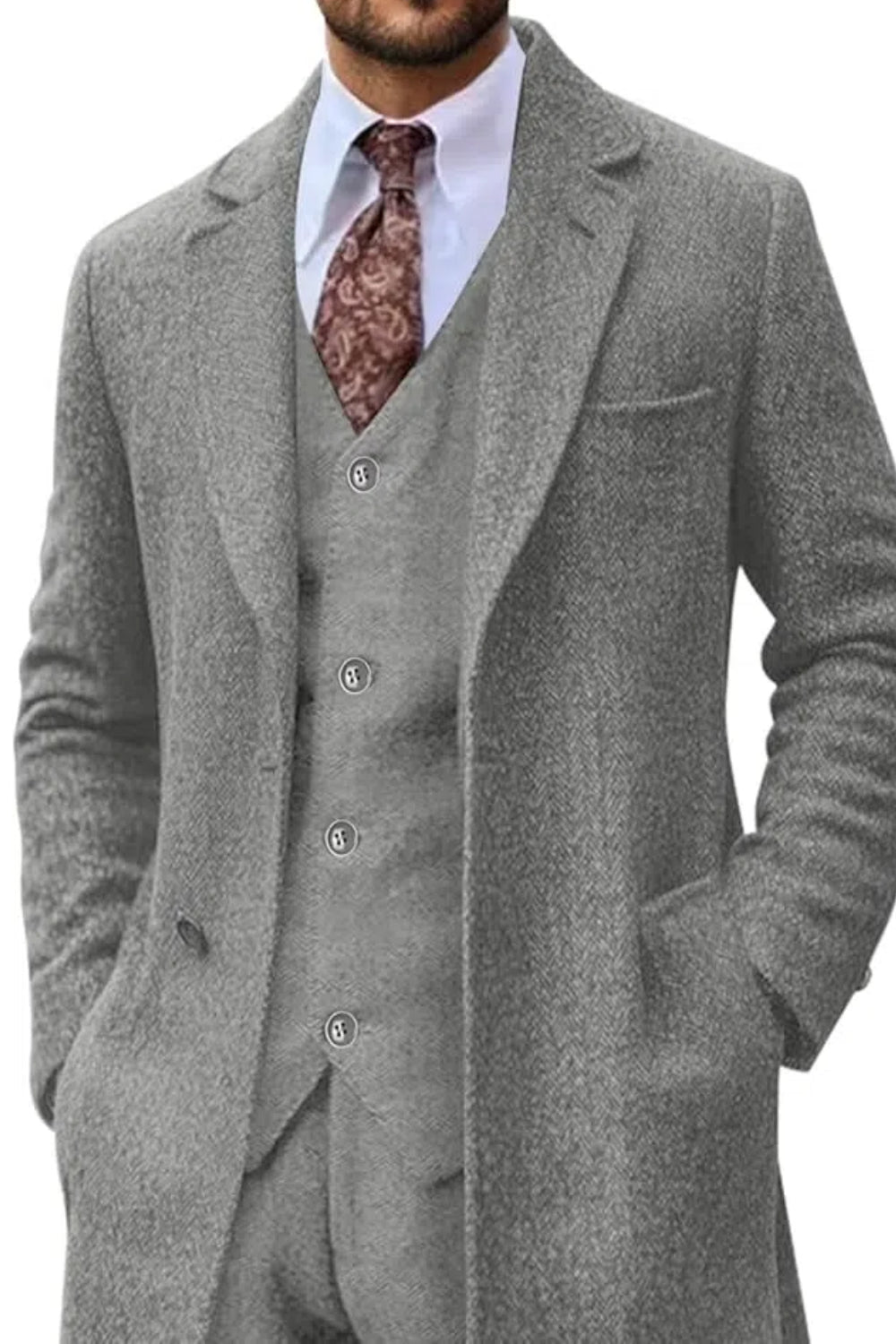 Blazer long à chevrons en tweed rétro 3 pièces pour hommes 3690