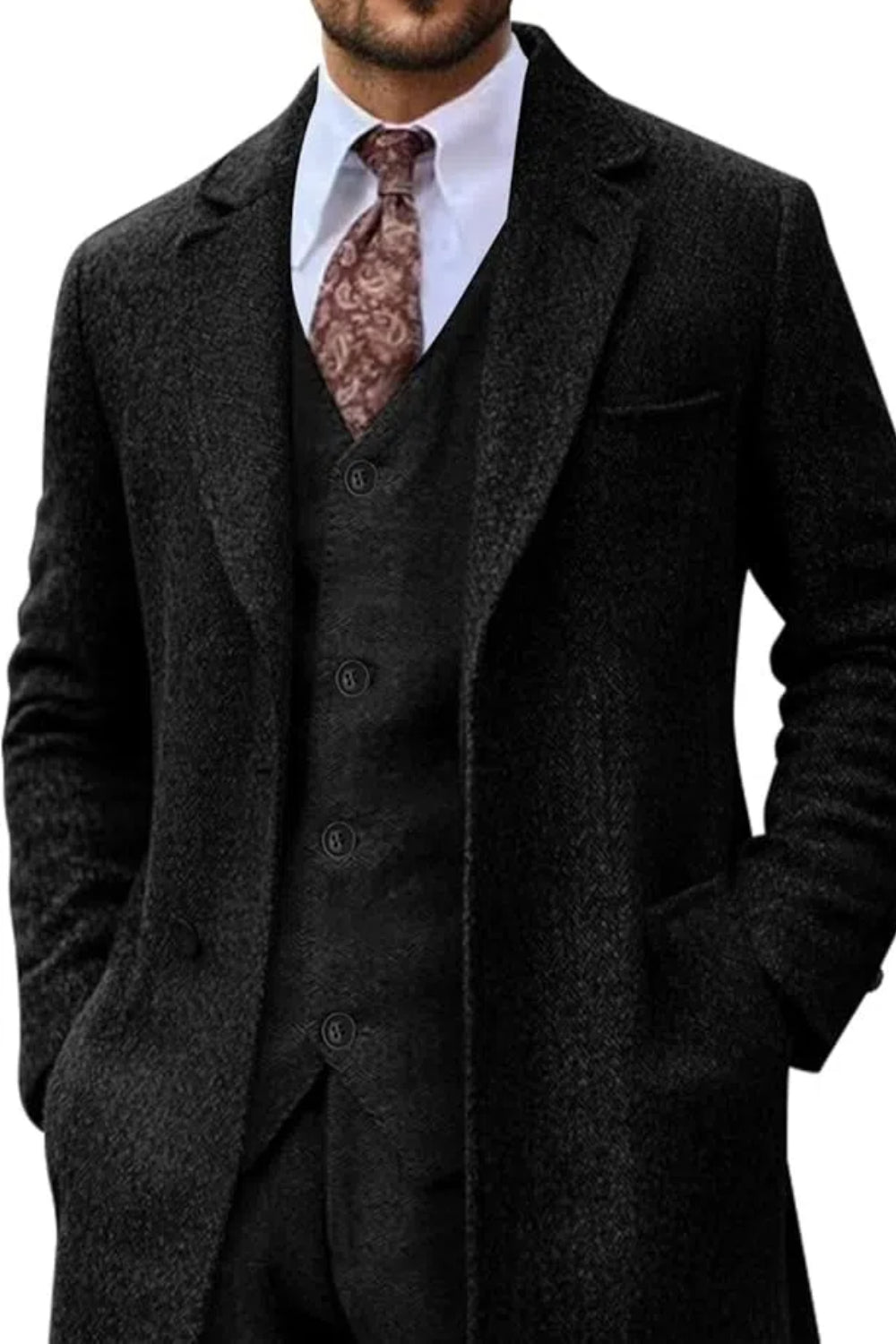 Blazer long à chevrons en tweed rétro 3 pièces pour hommes 3690